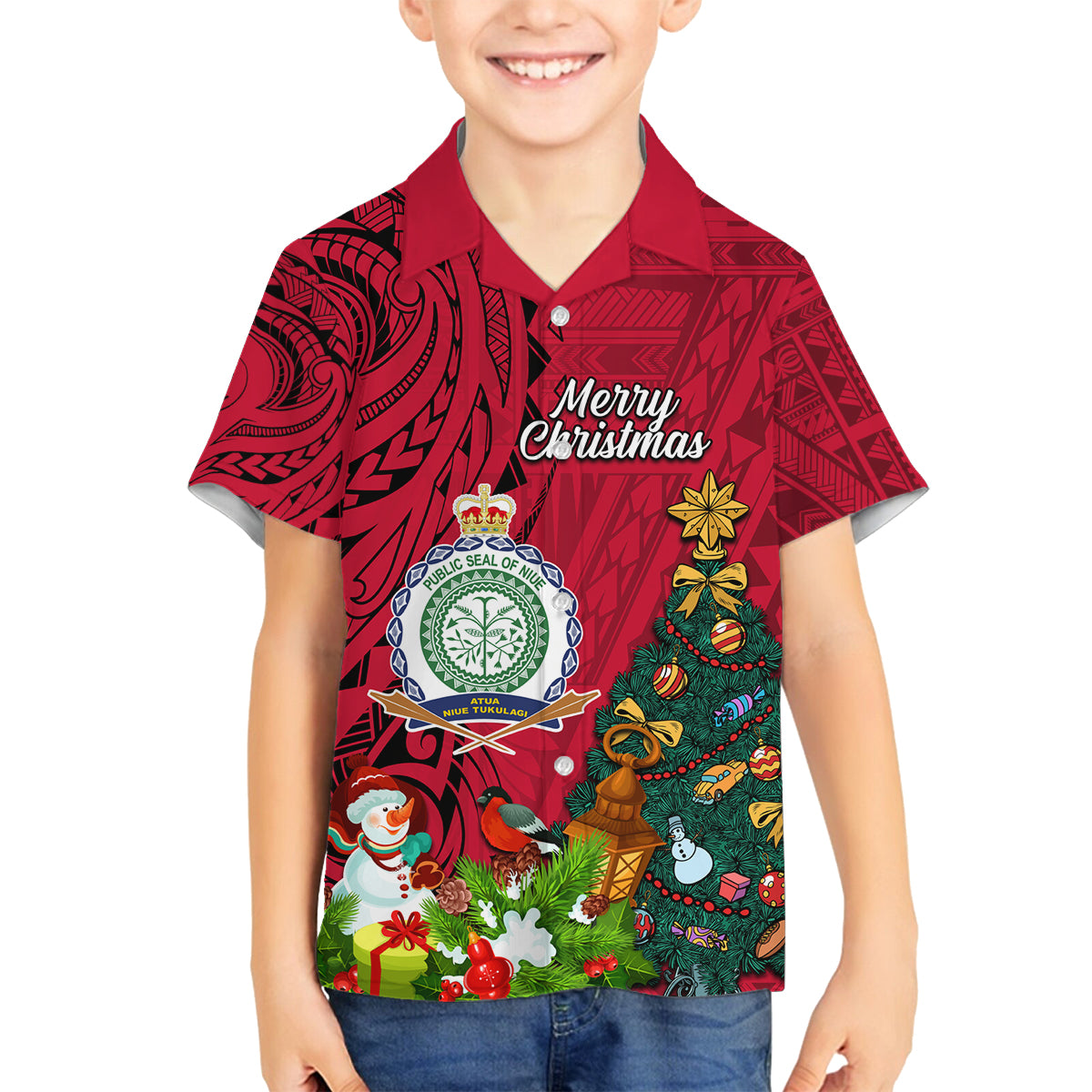 Personalised Niue Christmas Family Matching Off Shoulder Short Dress and Hawaiian Shirt Coat of Arms and Polynesian Tattoo Xmas Element Christmas Red Vibe LT03 Son's Shirt Red - Polynesian Pride