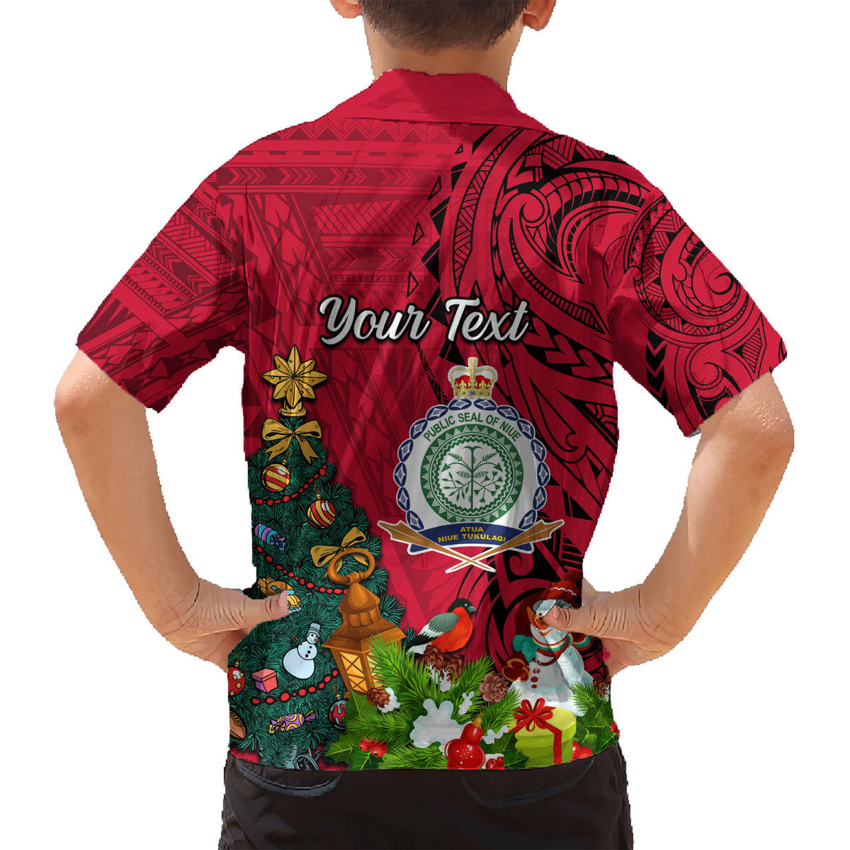 Personalised Niue Christmas Kid Hawaiian Shirt Coat of Arms and Polynesian Tattoo Xmas Element Christmas Red Vibe LT03 - Polynesian Pride