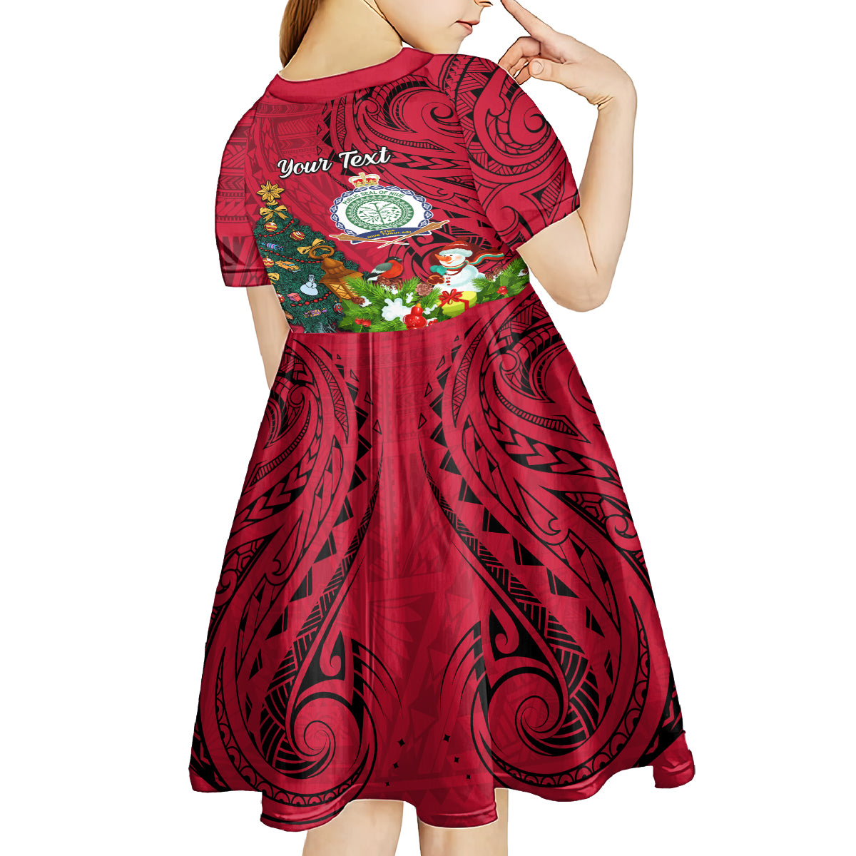 Personalised Niue Christmas Kid Short Sleeve Dress Coat of Arms and Polynesian Tattoo Xmas Element Christmas Red Vibe LT03 - Polynesian Pride