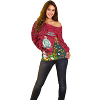 Personalised Niue Christmas Off Shoulder Sweater Coat of Arms and Polynesian Tattoo Xmas Element Christmas Red Vibe LT03 - Polynesian Pride