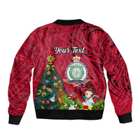 Personalised Niue Christmas Sleeve Zip Bomber Jacket Coat of Arms and Polynesian Tattoo Xmas Element Christmas Red Vibe LT03 - Polynesian Pride