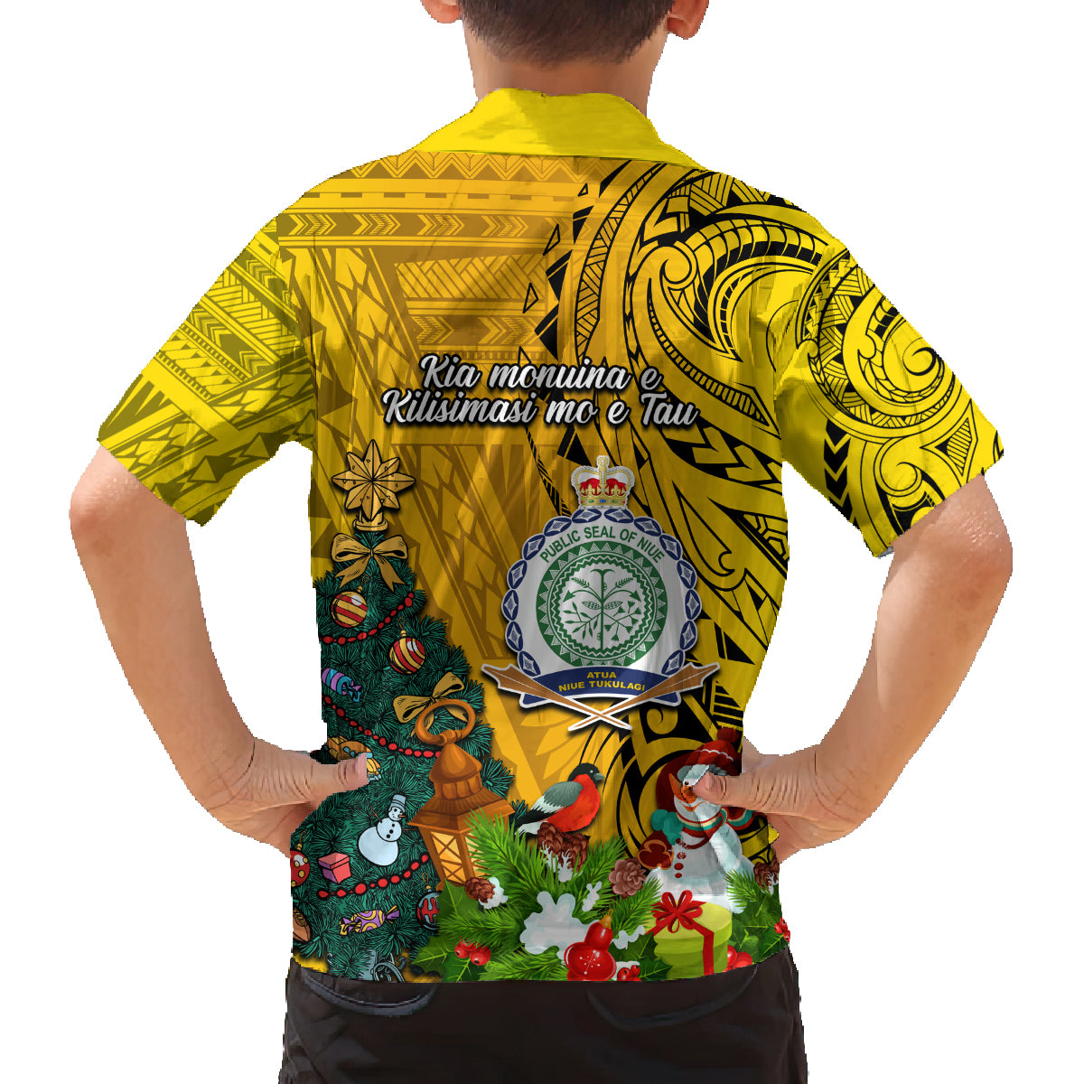 Niue Christmas Family Matching Off Shoulder Long Sleeve Dress and Hawaiian Shirt Coat of Arms and Polynesian Tattoo Xmas Element Christmas Yellow Vibe LT03 - Polynesian Pride