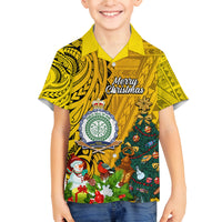 Niue Christmas Family Matching Off Shoulder Short Dress and Hawaiian Shirt Coat of Arms and Polynesian Tattoo Xmas Element Christmas Yellow Vibe LT03 Son's Shirt Yellow - Polynesian Pride