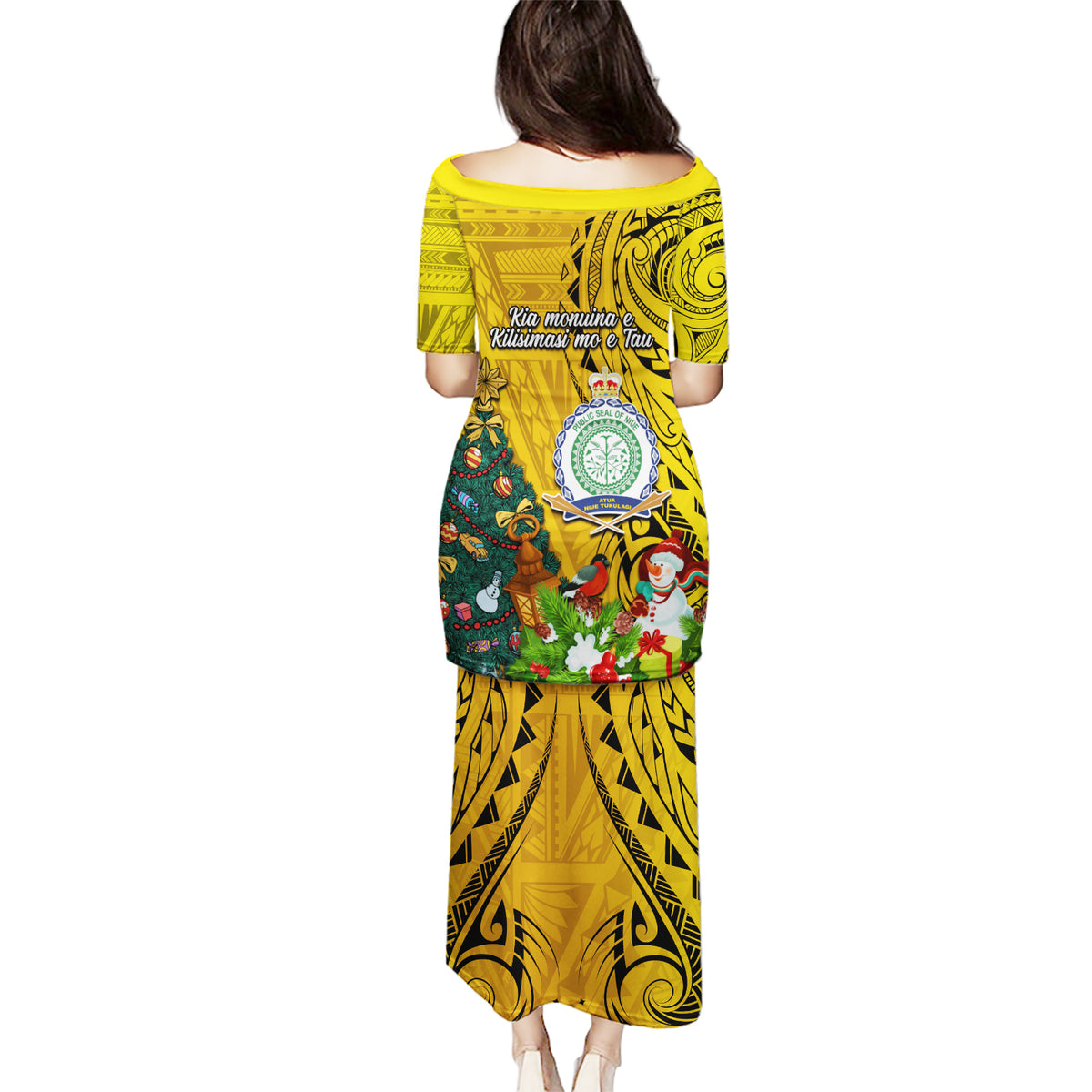 Niue Christmas Puletasi Coat of Arms and Polynesian Tattoo Xmas Element Christmas Yellow Vibe LT03 - Polynesian Pride