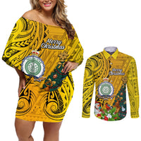 Personalised Niue Christmas Couples Matching Off Shoulder Short Dress and Long Sleeve Button Shirt Coat of Arms and Polynesian Tattoo Xmas Element Christmas Yellow Vibe LT03 Yellow - Polynesian Pride