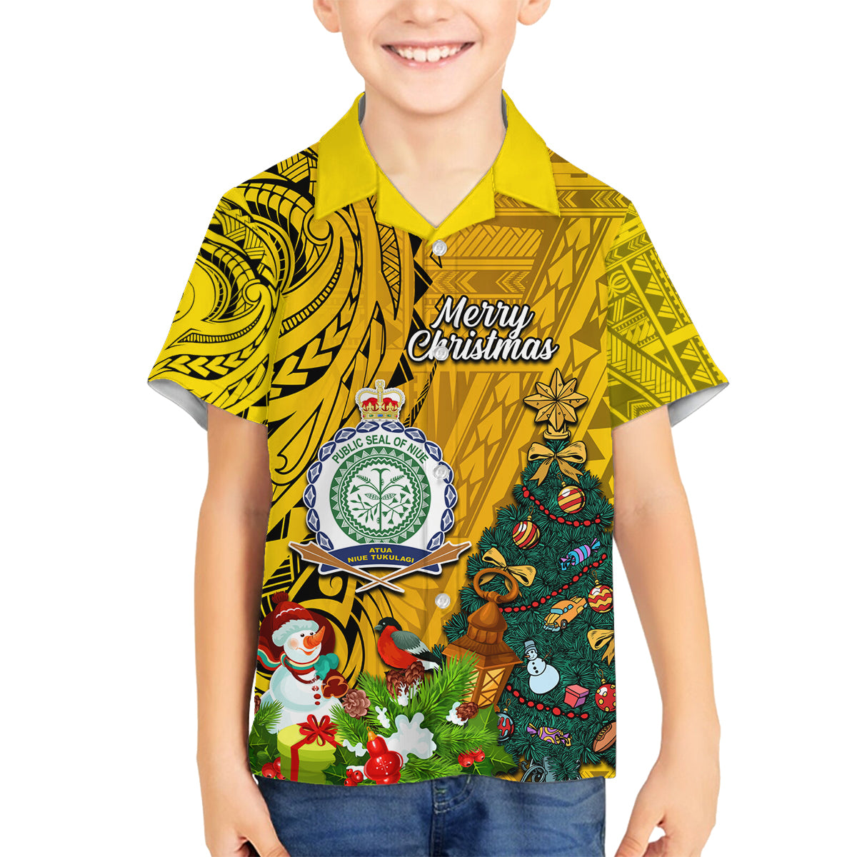 Personalised Niue Christmas Family Matching Long Sleeve Bodycon Dress and Hawaiian Shirt Coat of Arms and Polynesian Tattoo Xmas Element Christmas Yellow Vibe LT03 Son's Shirt Yellow - Polynesian Pride