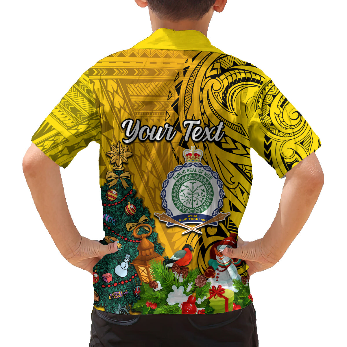 Personalised Niue Christmas Family Matching Off Shoulder Short Dress and Hawaiian Shirt Coat of Arms and Polynesian Tattoo Xmas Element Christmas Yellow Vibe LT03 - Polynesian Pride