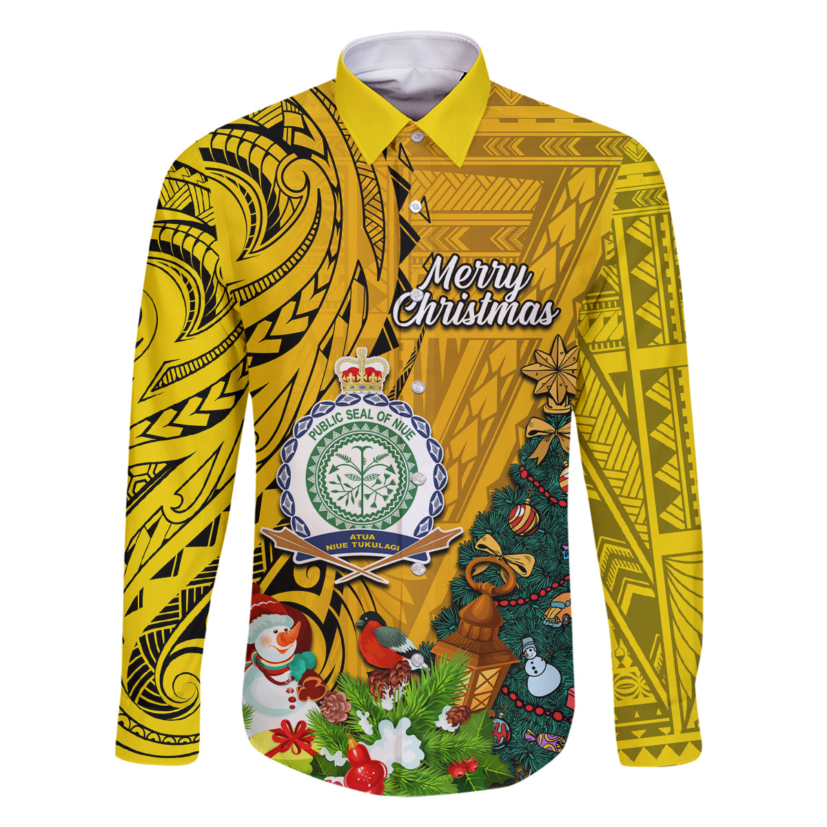 Personalised Niue Christmas Family Matching Off Shoulder Short Dress and Hawaiian Shirt Coat of Arms and Polynesian Tattoo Xmas Element Christmas Yellow Vibe LT03 Dad's Shirt - Long Sleeve Yellow - Polynesian Pride