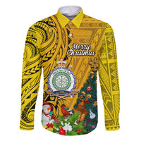 Personalised Niue Christmas Family Matching Off Shoulder Short Dress and Hawaiian Shirt Coat of Arms and Polynesian Tattoo Xmas Element Christmas Yellow Vibe LT03 Dad's Shirt - Long Sleeve Yellow - Polynesian Pride