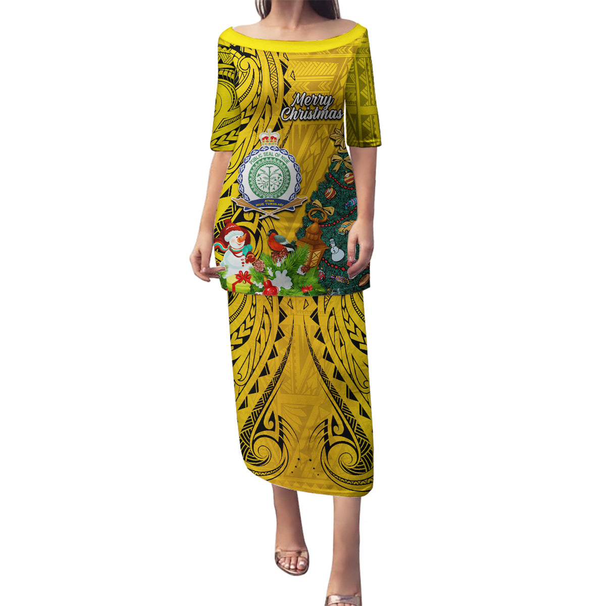 Personalised Niue Christmas Family Matching Puletasi Dress and Hawaiian Shirt Coat of Arms and Polynesian Tattoo Xmas Element Christmas Yellow Vibe LT03 Mom's Dress Yellow - Polynesian Pride