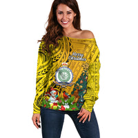 Personalised Niue Christmas Off Shoulder Sweater Coat of Arms and Polynesian Tattoo Xmas Element Christmas Yellow Vibe LT03 Women Yellow - Polynesian Pride