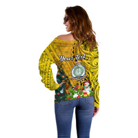 Personalised Niue Christmas Off Shoulder Sweater Coat of Arms and Polynesian Tattoo Xmas Element Christmas Yellow Vibe LT03 - Polynesian Pride