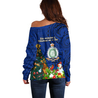 Niue Christmas Off Shoulder Sweater Coat of Arms and Polynesian Tattoo Xmas Element Christmas Blue Vibe LT03 - Polynesian Pride