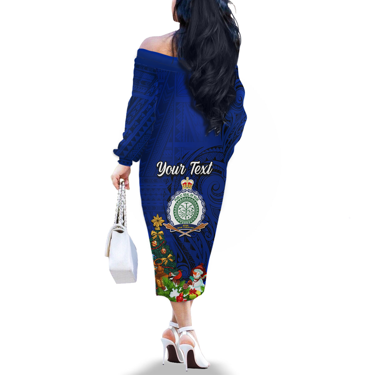 Personalised Niue Christmas Family Matching Off Shoulder Long Sleeve Dress and Hawaiian Shirt Coat of Arms and Polynesian Tattoo Xmas Element Christmas Blue Vibe LT03 - Polynesian Pride