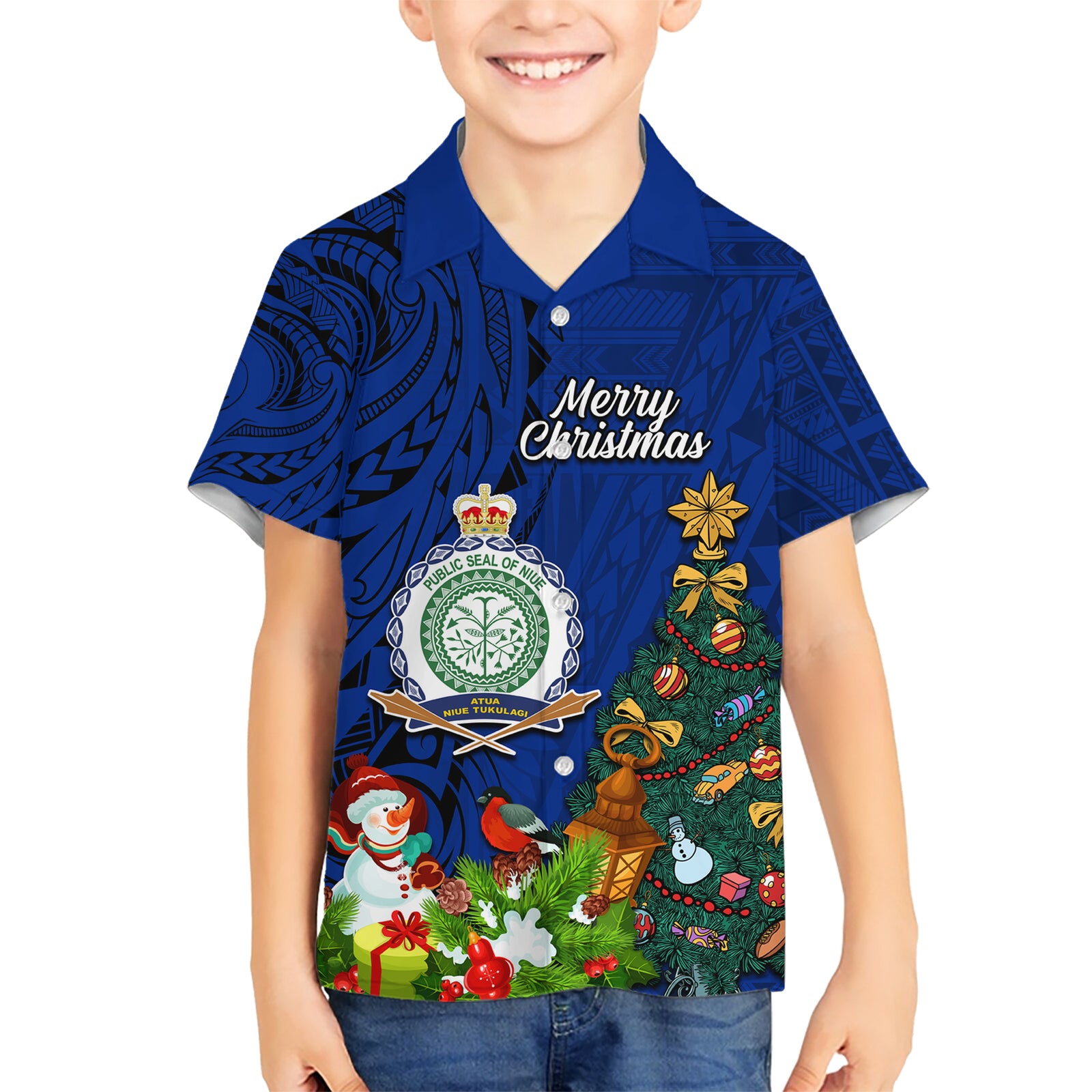 Personalised Niue Christmas Kid Hawaiian Shirt Coat of Arms and Polynesian Tattoo Xmas Element Christmas Blue Vibe LT03 Kid Blue - Polynesian Pride