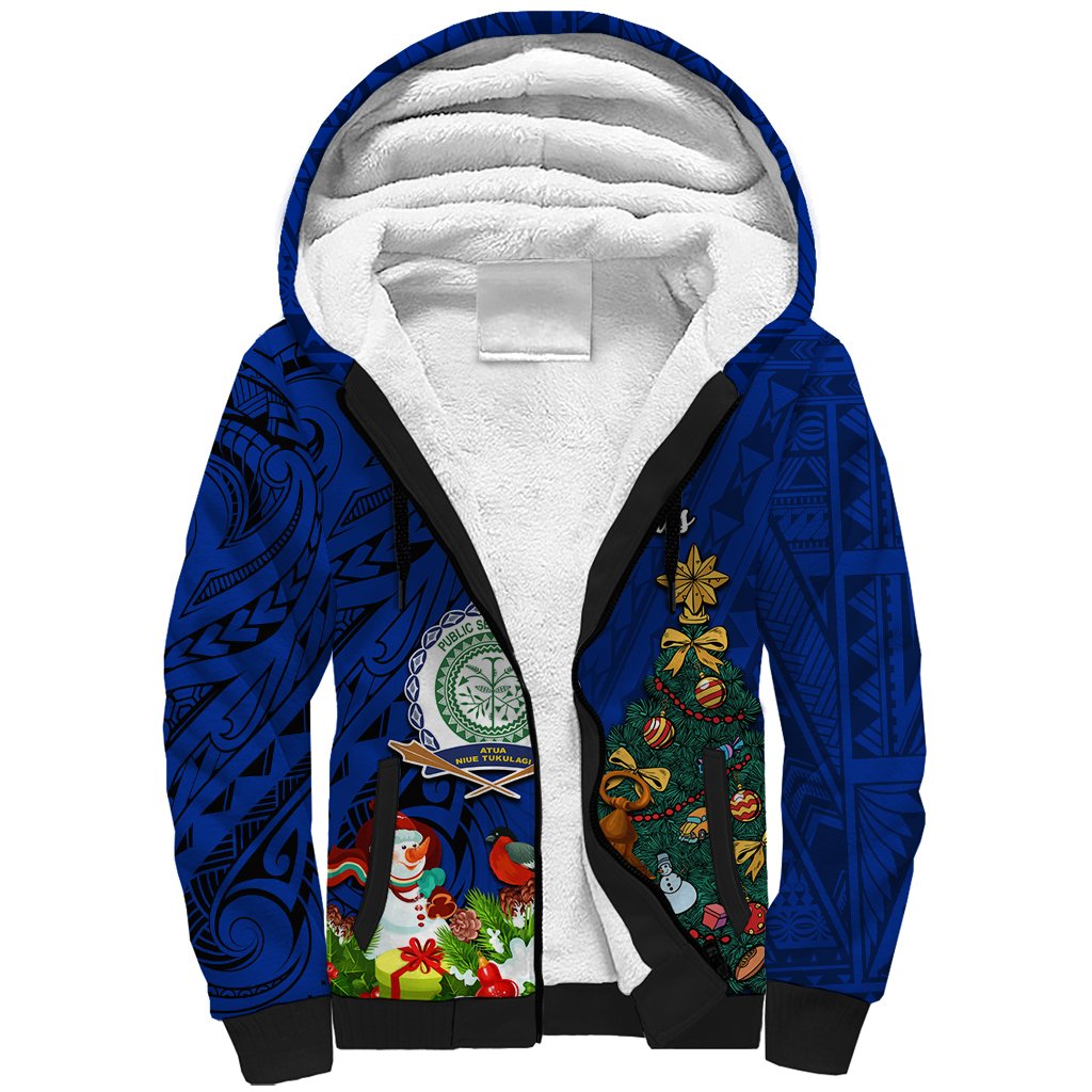 Personalised Niue Christmas Sherpa Hoodie Coat of Arms and Polynesian Tattoo Xmas Element Christmas Blue Vibe LT03 Unisex Blue - Polynesian Pride