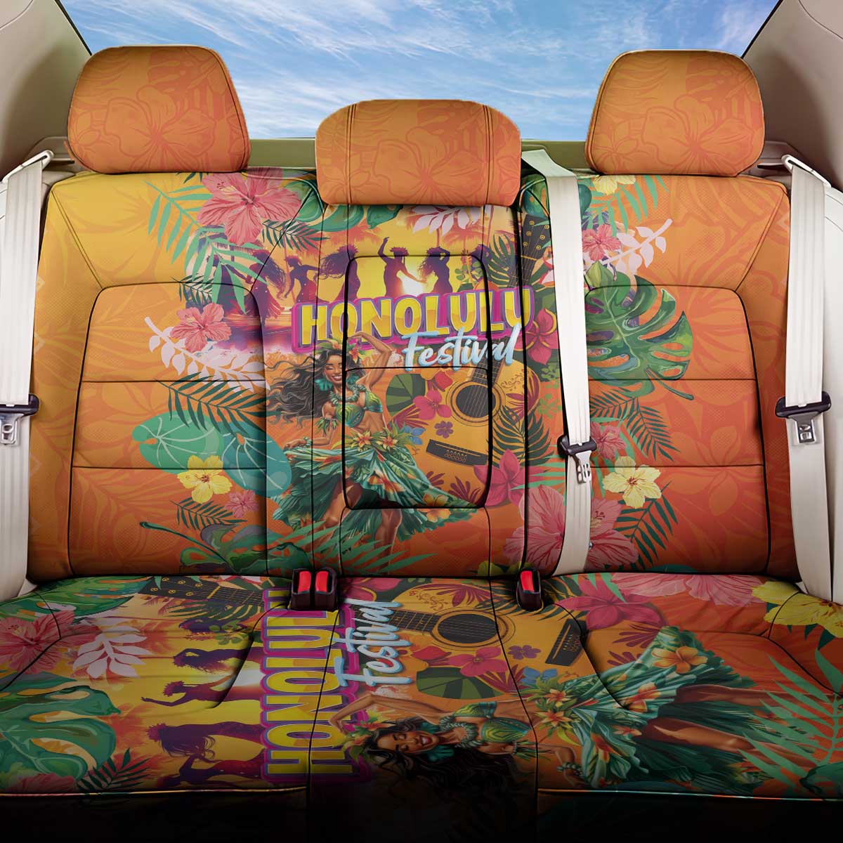 Hawaiian Honolulu Festival Back Car Seat Cover Hawaiian Identity - Hula Dancer and Ukulele Tropical Plants Style LT03 One Size Orange - Polynesian Pride