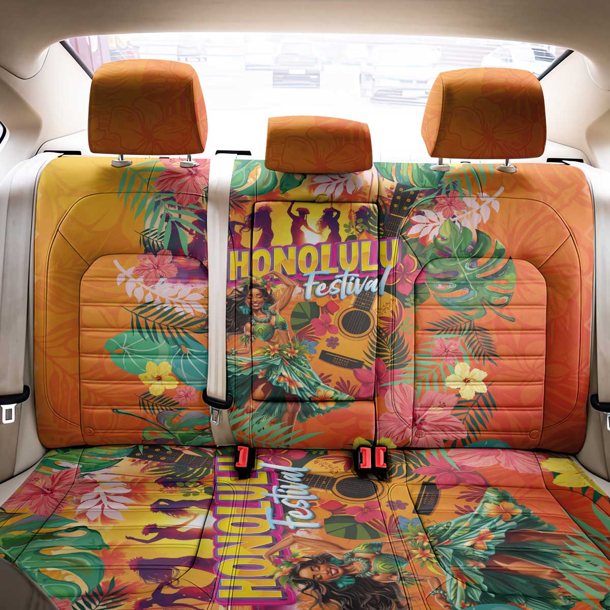 Hawaiian Honolulu Festival Back Car Seat Cover Hawaiian Identity - Hula Dancer and Ukulele Tropical Plants Style LT03 - Polynesian Pride