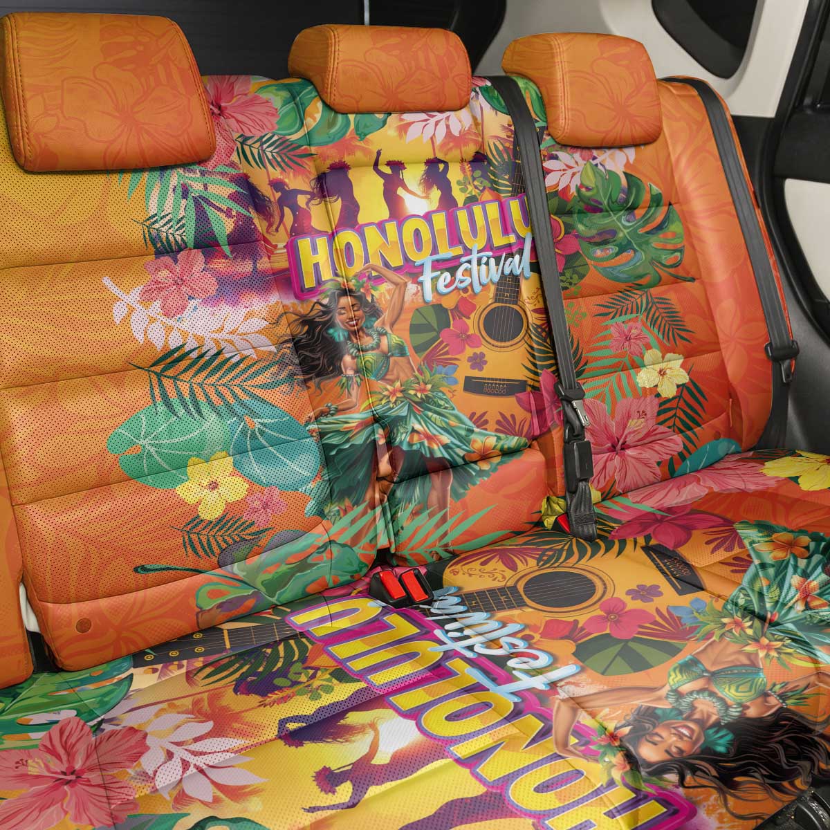 Hawaiian Honolulu Festival Back Car Seat Cover Hawaiian Identity - Hula Dancer and Ukulele Tropical Plants Style LT03 - Polynesian Pride