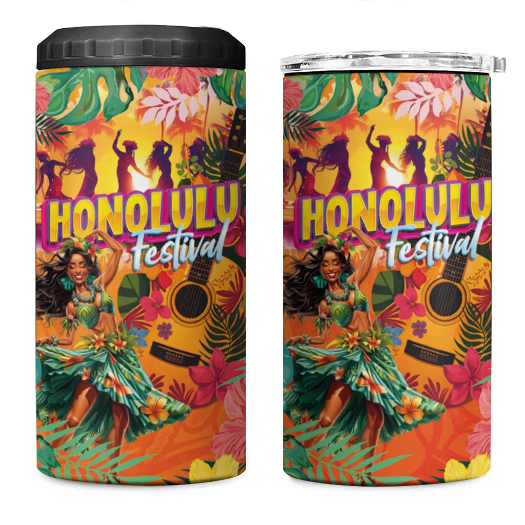 Hawaiian Honolulu Festival 4 in 1 Can Cooler Tumbler Hawaiian Identity - Hula Dancer and Ukulele Tropical Plants Style LT03 One Size: 16 oz Orange - Polynesian Pride