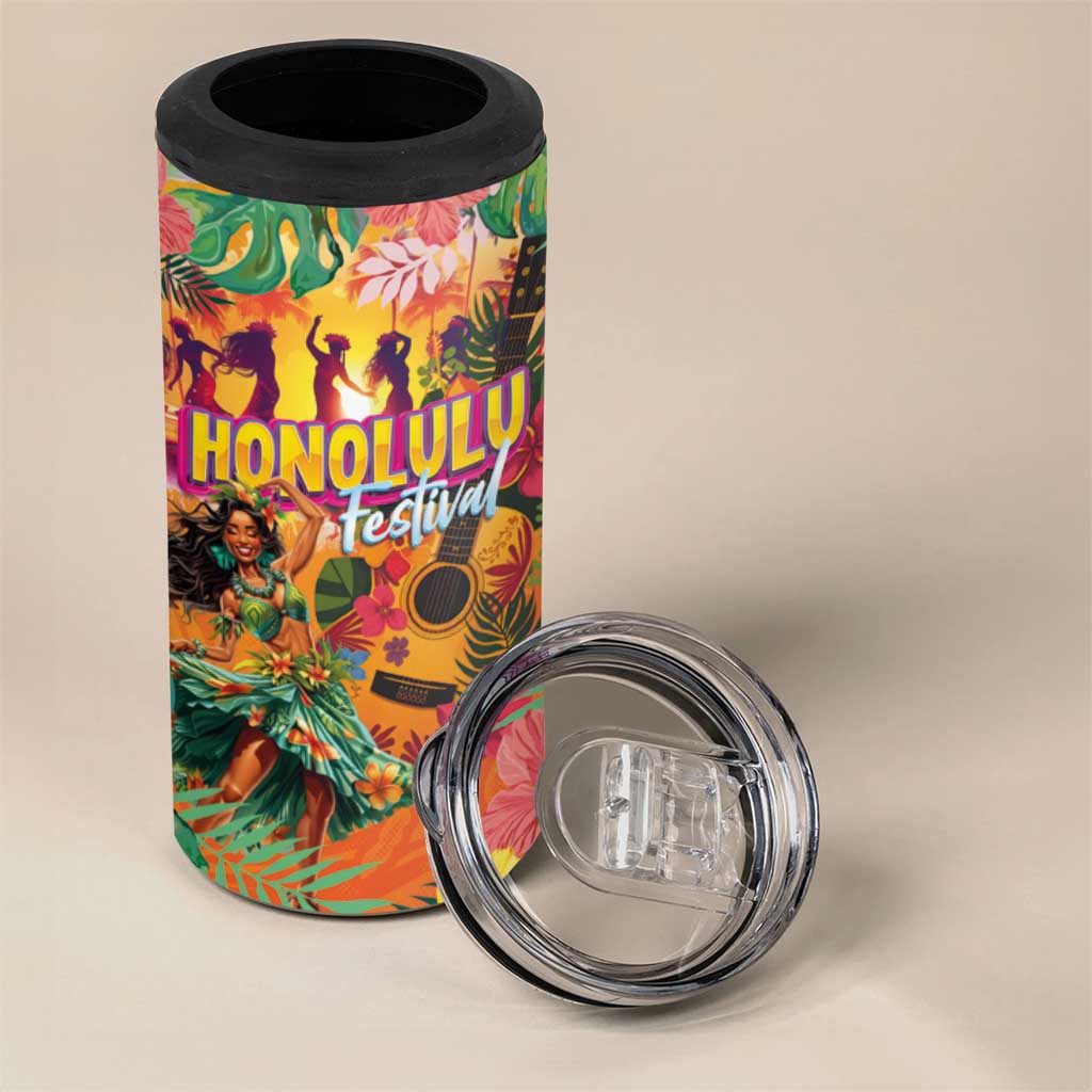 Hawaiian Honolulu Festival 4 in 1 Can Cooler Tumbler Hawaiian Identity - Hula Dancer and Ukulele Tropical Plants Style LT03 - Polynesian Pride