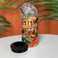Hawaiian Honolulu Festival 4 in 1 Can Cooler Tumbler Hawaiian Identity - Hula Dancer and Ukulele Tropical Plants Style LT03 - Polynesian Pride