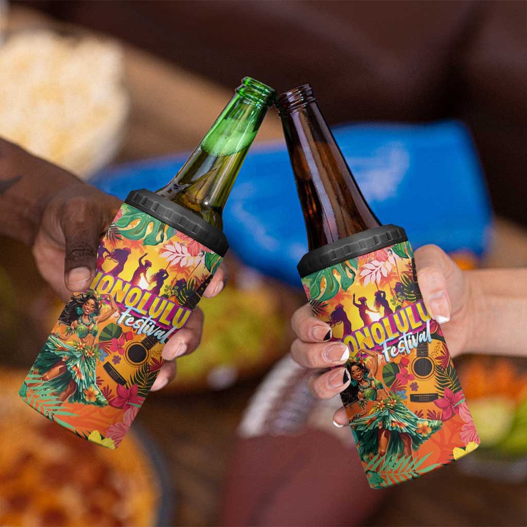Hawaiian Honolulu Festival 4 in 1 Can Cooler Tumbler Hawaiian Identity - Hula Dancer and Ukulele Tropical Plants Style LT03 - Polynesian Pride