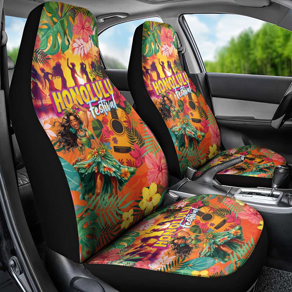 Hawaiian Honolulu Festival Car Seat Cover Hawaiian Identity - Hula Dancer and Ukulele Tropical Plants Style LT03 - Polynesian Pride