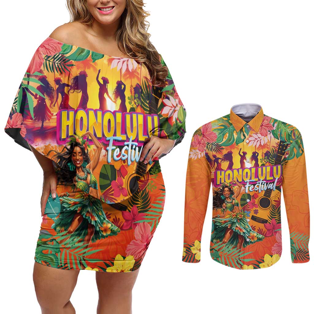 Hawaiian Honolulu Festival Couples Matching Off Shoulder Short Dress and Long Sleeve Button Shirt Hawaiian Identity - Hula Dancer and Ukulele Tropical Plants Style