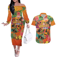 Hawaiian Honolulu Festival Couples Matching Off The Shoulder Long Sleeve Dress and Hawaiian Shirt Hawaiian Identity - Hula Dancer and Ukulele Tropical Plants Style