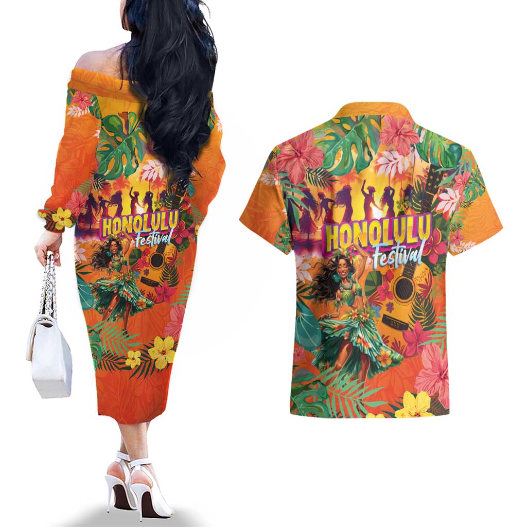 Hawaiian Honolulu Festival Couples Matching Off The Shoulder Long Sleeve Dress and Hawaiian Shirt Hawaiian Identity - Hula Dancer and Ukulele Tropical Plants Style
