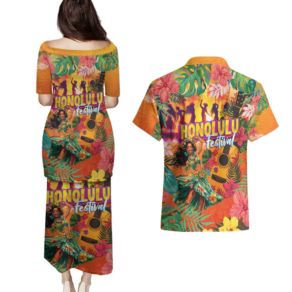 Hawaiian Honolulu Festival Couples Matching Puletasi and Hawaiian Shirt Hawaiian Identity - Hula Dancer and Ukulele Tropical Plants Style LT03 - Polynesian Pride
