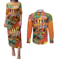 Hawaiian Honolulu Festival Couples Matching Puletasi and Long Sleeve Button Shirt Hawaiian Identity - Hula Dancer and Ukulele Tropical Plants Style LT03 Orange - Polynesian Pride
