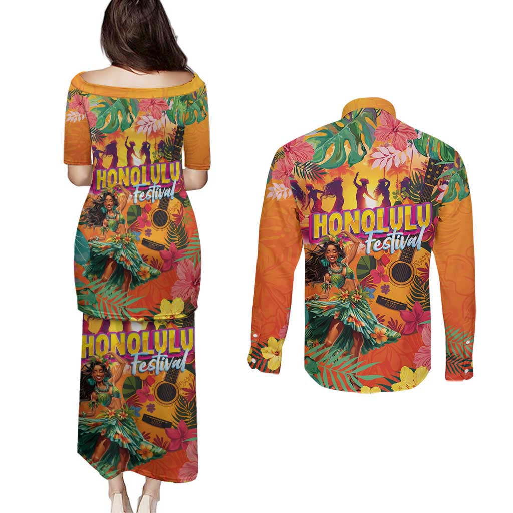 Hawaiian Honolulu Festival Couples Matching Puletasi and Long Sleeve Button Shirt Hawaiian Identity - Hula Dancer and Ukulele Tropical Plants Style LT03 - Polynesian Pride