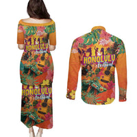 Hawaiian Honolulu Festival Couples Matching Puletasi and Long Sleeve Button Shirt Hawaiian Identity - Hula Dancer and Ukulele Tropical Plants Style LT03 - Polynesian Pride