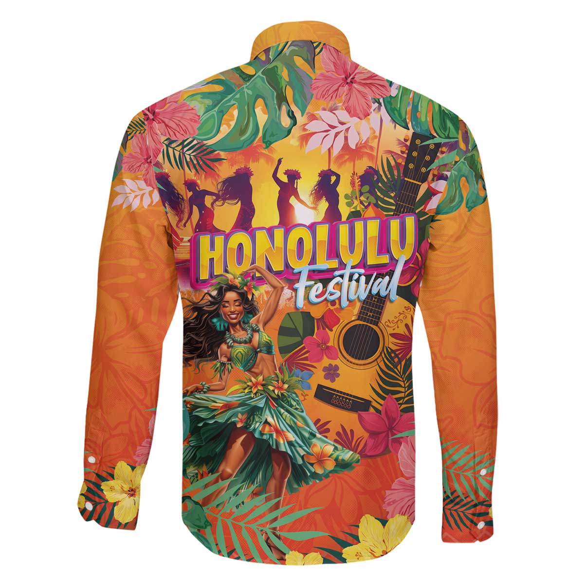 Hawaiian Honolulu Festival Family Matching Off The Shoulder Long Sleeve Dress and Hawaiian Shirt Hawaiian Identity - Hula Dancer and Ukulele Tropical Plants Style
