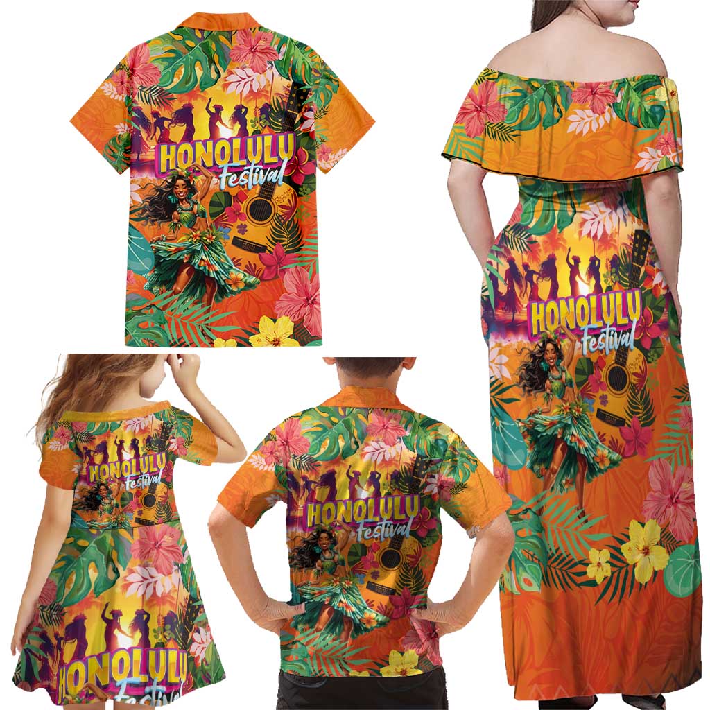 Hawaiian Honolulu Festival Family Matching Off Shoulder Maxi Dress and Hawaiian Shirt Hawaiian Identity - Hula Dancer and Ukulele Tropical Plants Style LT03 - Polynesian Pride