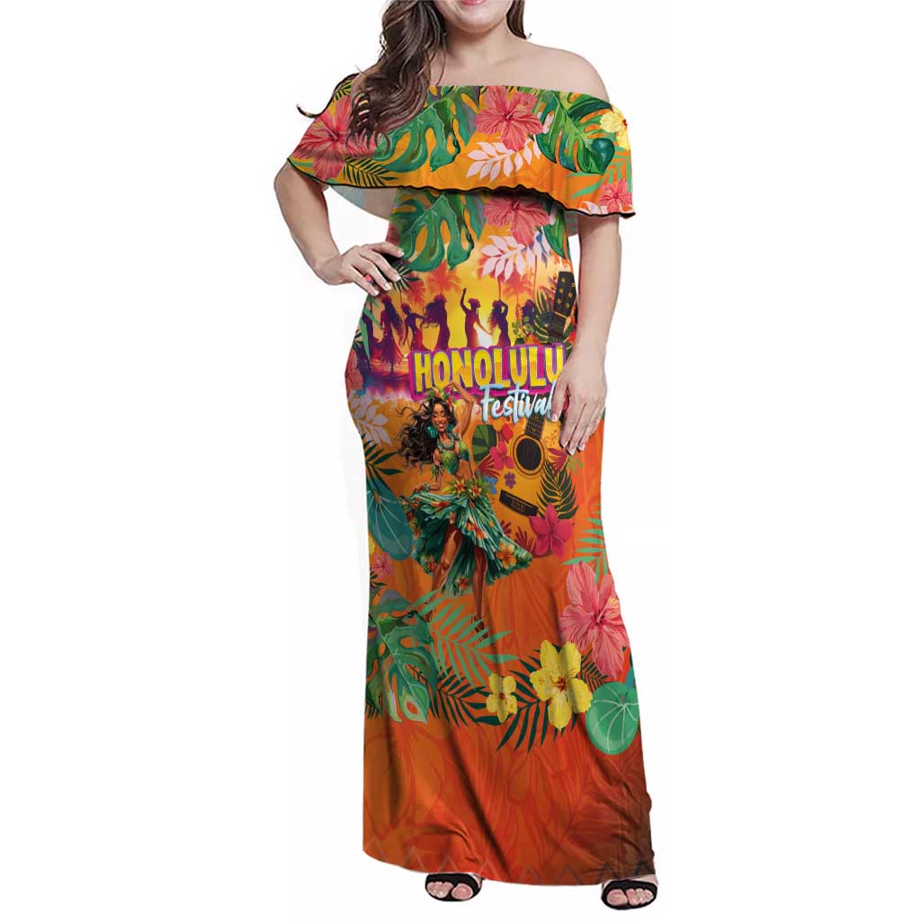 Hawaiian Honolulu Festival Family Matching Off Shoulder Maxi Dress and Hawaiian Shirt Hawaiian Identity - Hula Dancer and Ukulele Tropical Plants Style LT03 Mom's Dress Orange - Polynesian Pride