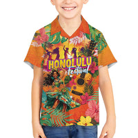 Hawaiian Honolulu Festival Family Matching Off Shoulder Maxi Dress and Hawaiian Shirt Hawaiian Identity - Hula Dancer and Ukulele Tropical Plants Style LT03 Son's Shirt Orange - Polynesian Pride