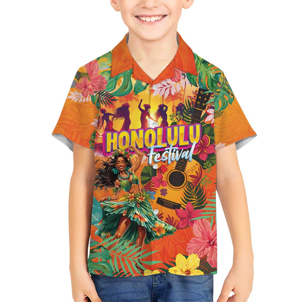 Hawaiian Honolulu Festival Family Matching Puletasi and Hawaiian Shirt Hawaiian Identity - Hula Dancer and Ukulele Tropical Plants Style LT03 Son's Shirt Orange - Polynesian Pride