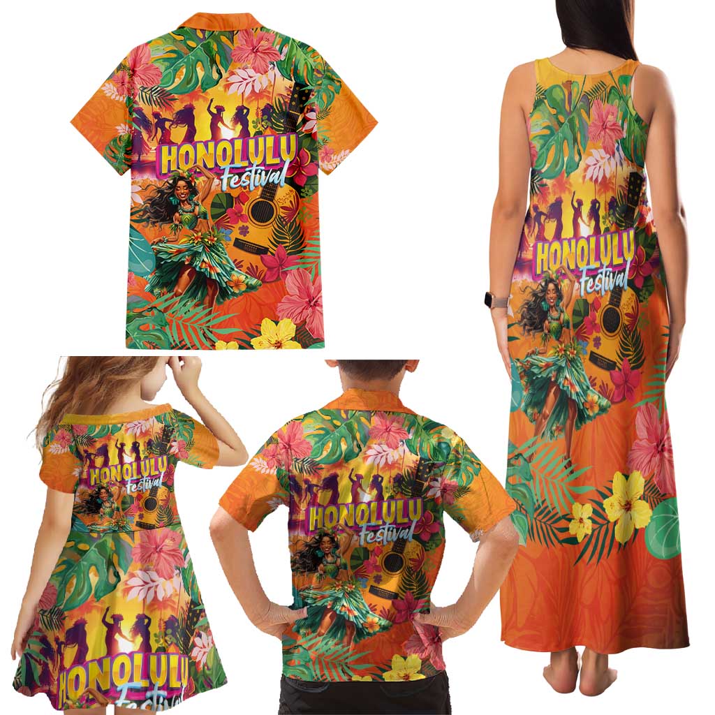 Hawaiian Honolulu Festival Family Matching Tank Maxi Dress and Hawaiian Shirt Hawaiian Identity - Hula Dancer and Ukulele Tropical Plants Style