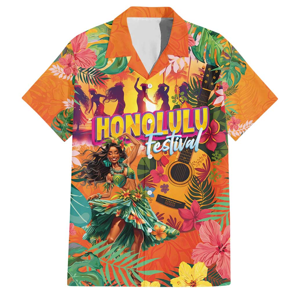 Hawaiian Honolulu Festival Hawaiian Shirt Hawaiian Identity - Hula Dancer and Ukulele Tropical Plants Style LT03 Orange - Polynesian Pride