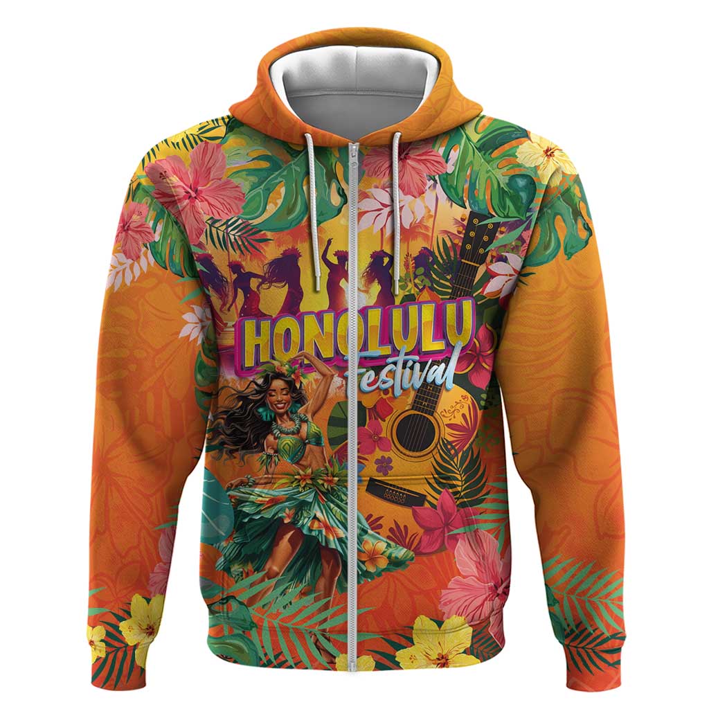 Hawaiian Honolulu Festival Hoodie Hawaiian Identity - Hula Dancer and Ukulele Tropical Plants Style LT03 Zip Hoodie Orange - Polynesian Pride