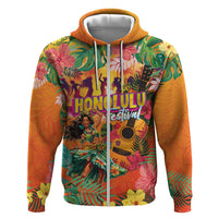 Hawaiian Honolulu Festival Hoodie Hawaiian Identity - Hula Dancer and Ukulele Tropical Plants Style LT03 Zip Hoodie Orange - Polynesian Pride