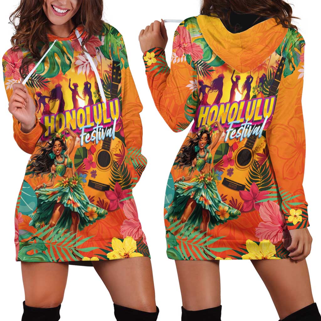 Hawaiian Honolulu Festival Hoodie Dress Hawaiian Identity - Hula Dancer and Ukulele Tropical Plants Style LT03 - Polynesian Pride