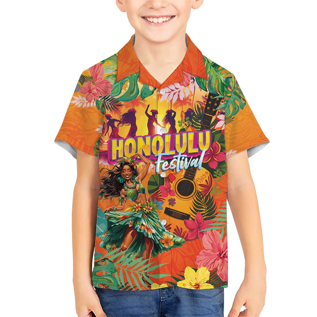 Hawaiian Honolulu Festival Kid Hawaiian Shirt Hawaiian Identity - Hula Dancer and Ukulele Tropical Plants Style LT03 Kid Orange - Polynesian Pride