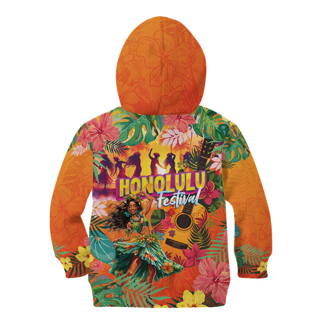 Hawaiian Honolulu Festival Kid Hoodie Hawaiian Identity - Hula Dancer and Ukulele Tropical Plants Style LT03 - Polynesian Pride