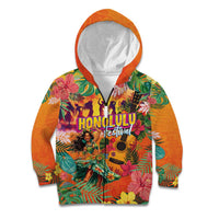 Hawaiian Honolulu Festival Kid Hoodie Hawaiian Identity - Hula Dancer and Ukulele Tropical Plants Style LT03 Zip Hoodie Orange - Polynesian Pride