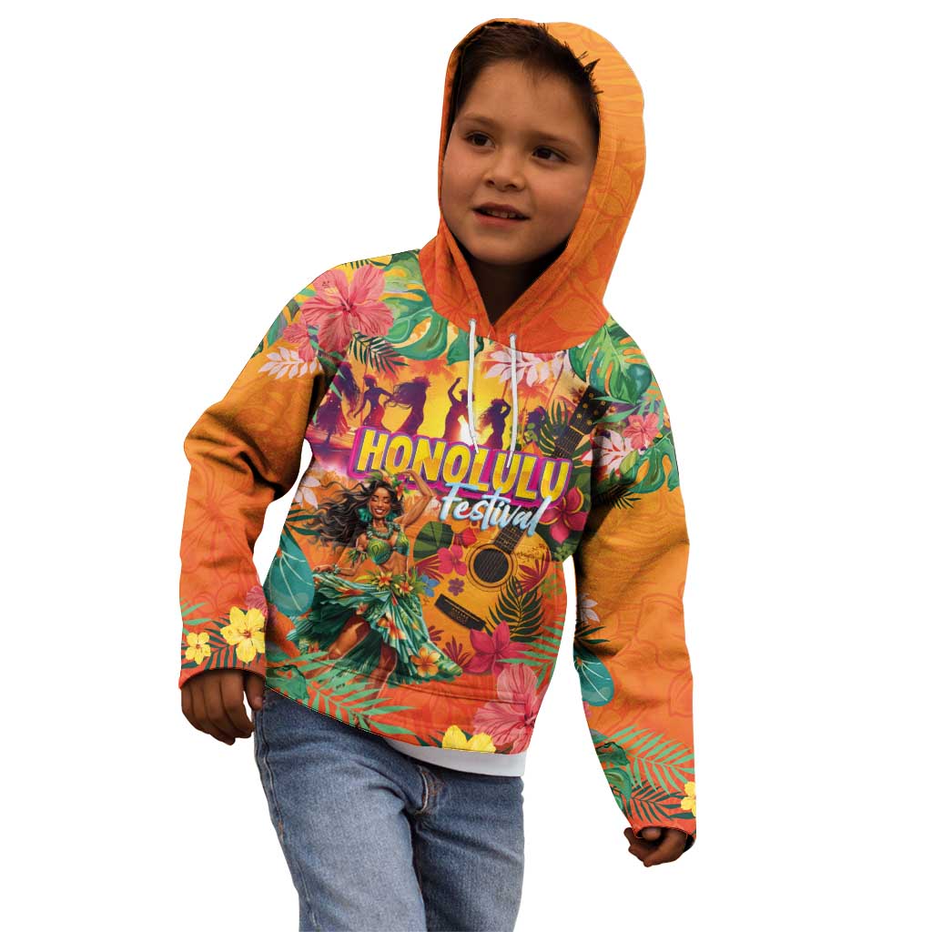 Hawaiian Honolulu Festival Kid Hoodie Hawaiian Identity - Hula Dancer and Ukulele Tropical Plants Style LT03 - Polynesian Pride