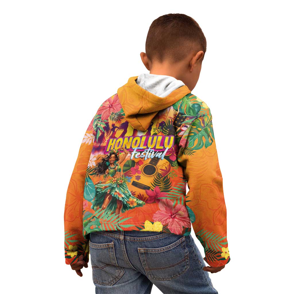 Hawaiian Honolulu Festival Kid Hoodie Hawaiian Identity - Hula Dancer and Ukulele Tropical Plants Style LT03 - Polynesian Pride